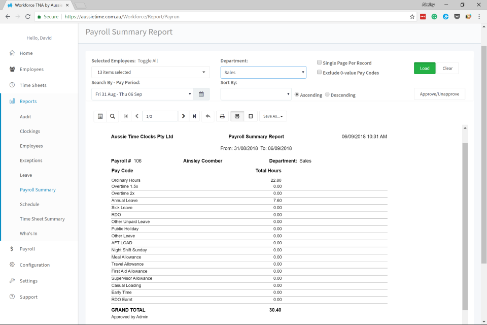 screenshot of Aussie Time Sheets Workforce TNA